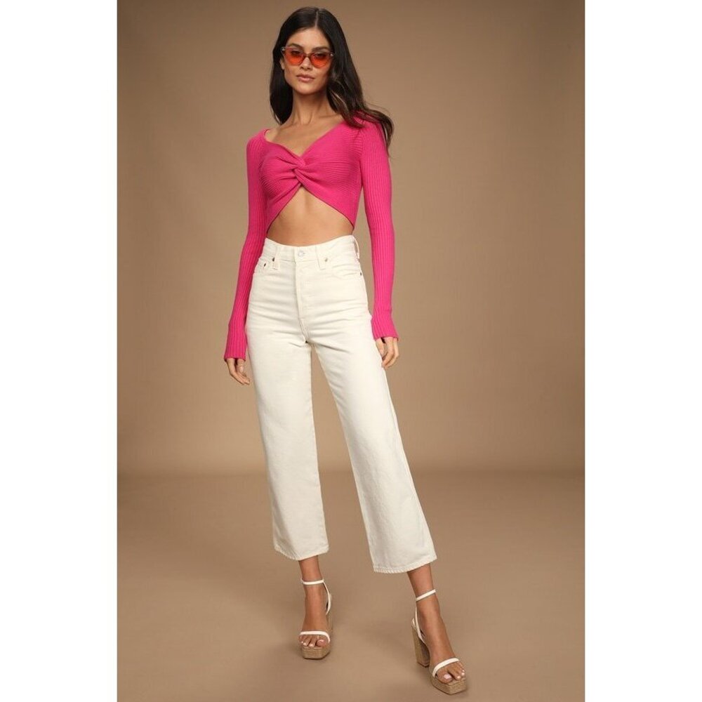 Lulus In A Twist Magenta Knot-front Cropped Sweater Pink - Size L